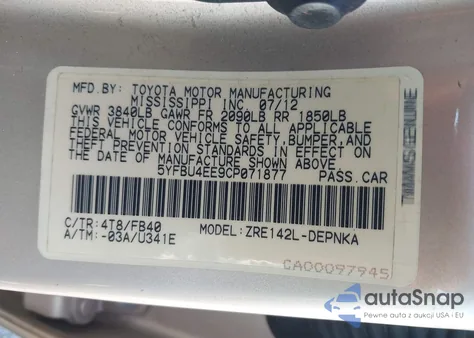 2012 Toyota Corolla Le from USA, damaged, VIN 5YFBU4EE9CP071877